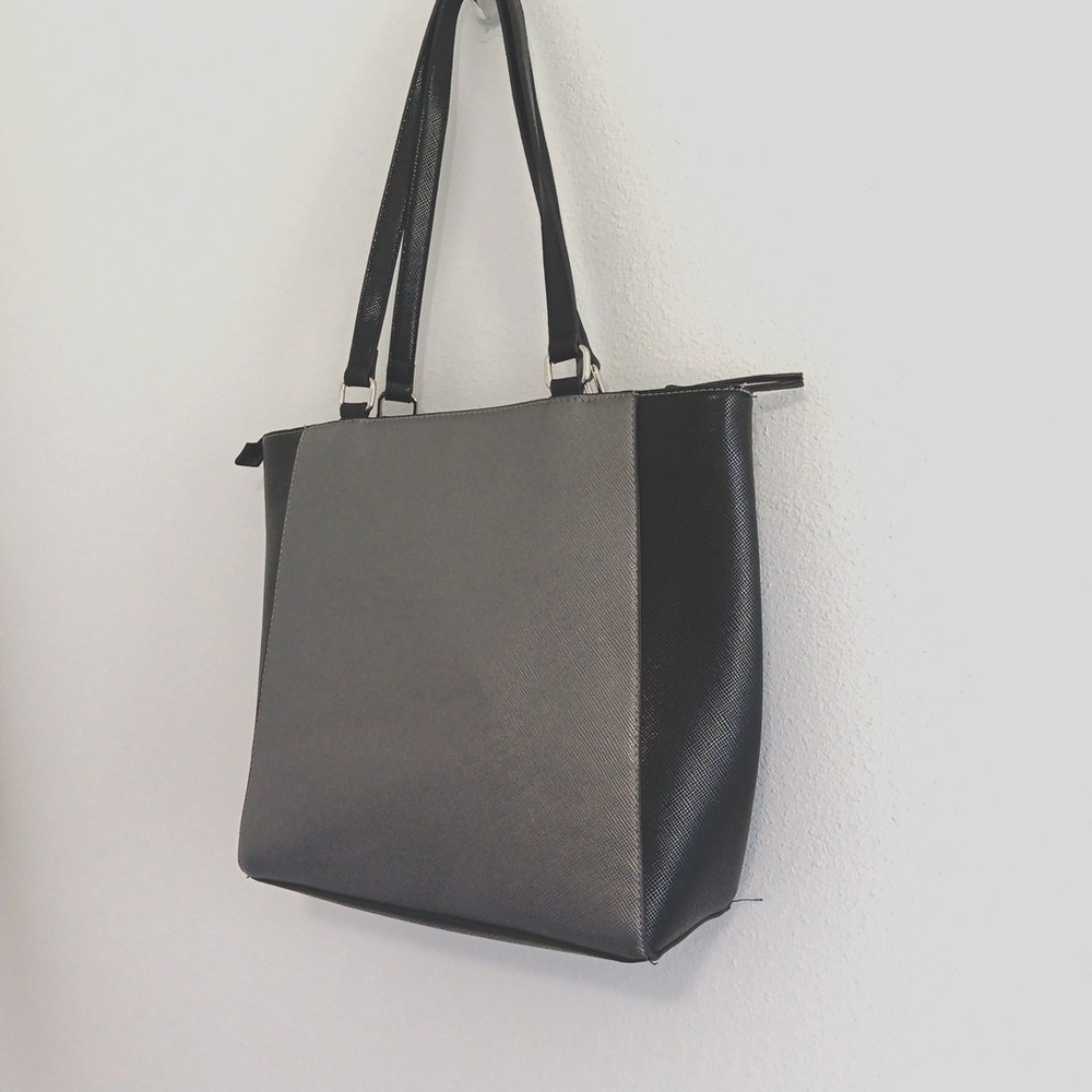 Jones New York SIGNATURE  Black Pebble Faux Leather Satchel Tote Bag Silver Chic - Picture 5 of 12